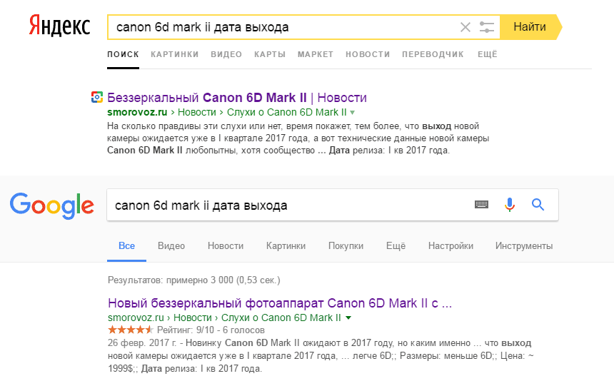 Выдача Google и Яндекс по запросу